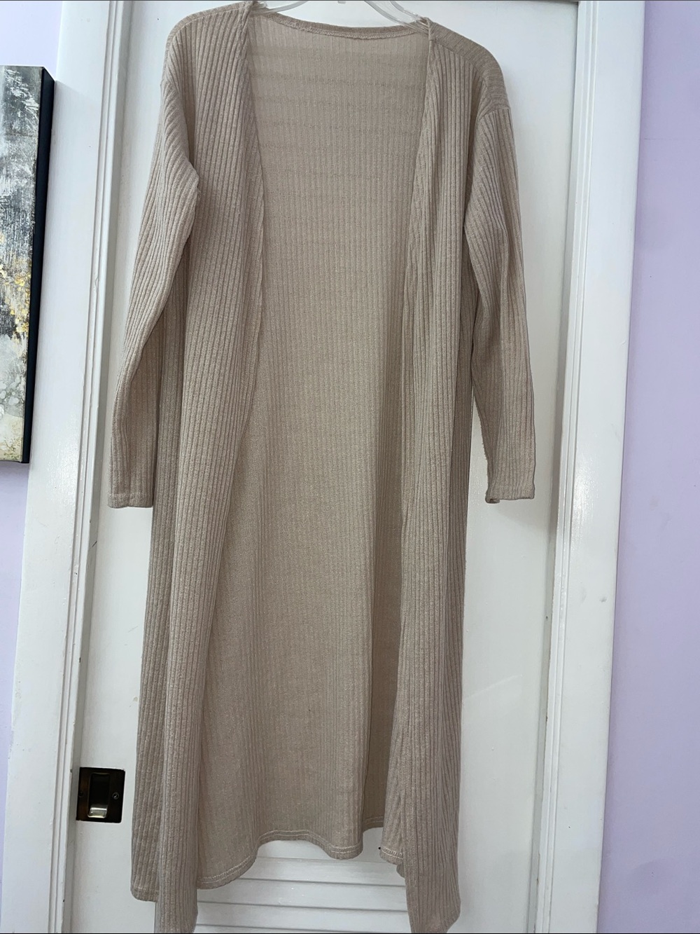 Beige Long Ribbed Open-Front Women’s Dress Cardigan